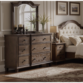 Sunvega Weathered Oak Finish Dresser with Nine Spacious Drawers and Felt-Lined Top