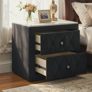 Sunvega Modern Nightstand with Faux Marble Top and Two Fabric Upholstered Storage Drawers