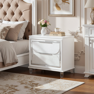 Sunvega Pearl White Nightstand with Acrylic Crystal Legs and Two Deep Storage Drawers