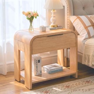 Sunvega Mid-Century Modern Waterfall Nightstand with Drawer and Open Shelf