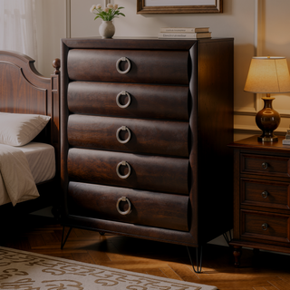 Sunvega Dark Merlot Finish Chest with Five Drawers and Black Metal Legs