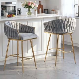 Sunvega Lambswool Fabric Counter Height Bar Stools Set of 2 with Wave Back