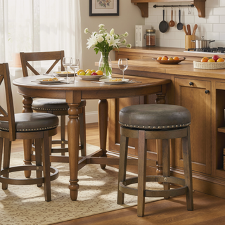 Sunvega Set of Two Gray Faux Leather Swivel Counter Stools with Wood Base