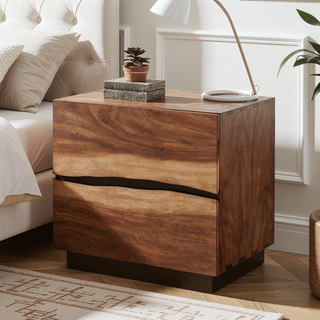 Sunvega Smokey Walnut and Coffee Bean 2-Drawer Nightstand with Asymmetrical Design