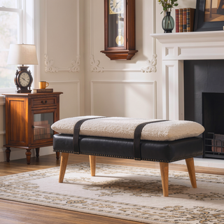 Sunvega Bouclé Upholstered Bench with Buffalo Hide Leather and Nordic Legs