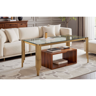 Sunvega Modern Dining Table with Tempered Glass Top and Golden Metal Frame