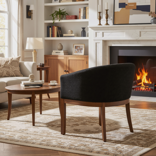 Sunvega Mid Century Modern Upholstered Barrel Dining Chair with Arms and Natural Hardwood Frame
