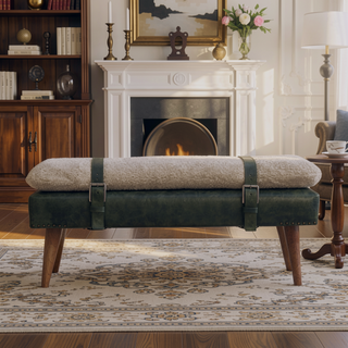 Sunvega Olive Green Buffalo Hide Leather Bouclé Bench with Solid Wood Nordic Legs