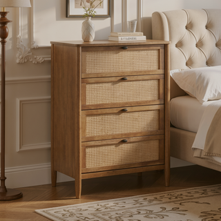 Sunvega Wood and Rattan 4-Drawer Chest with Spacious Storage and Light Walnut Finish
