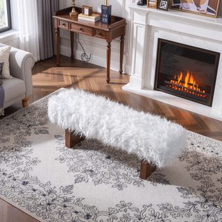 Sunvega White Khaki Fur Bench with Walnut Frame for Ottoman or Seating