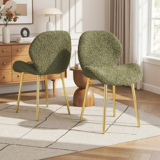 Sunvega Modern Minimalist White Teddy Velvet Dining Chairs Set of 2 with Gold Metal Legs