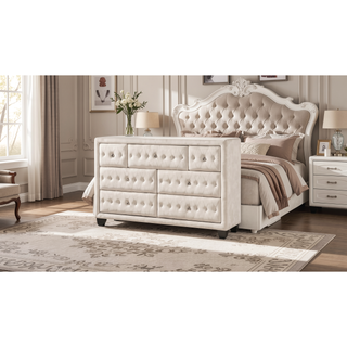 Sunvega Cream Velvet Upholstered Crystal Tufted 7-Drawer Dresser with Wood Frame