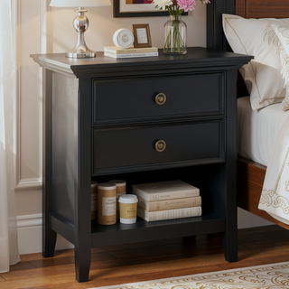 Sunvega Black Solid Wood Nightstand with Two Drawers for Bedroom