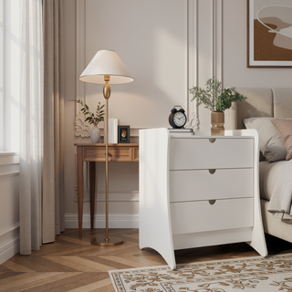 Sunvega Mid-Century Modern White Nightstand with 3 Spacious Drawers for Bedroom