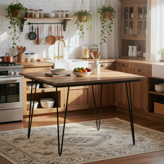 Sunvega Natural Mango Wood Square Dining Table with Hairpin Legs for Kitchen
