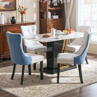 Sunvega Modern Tufted PU and Velvet Upholstered Dining Chair with Wood Legs and Nailhead Trim
