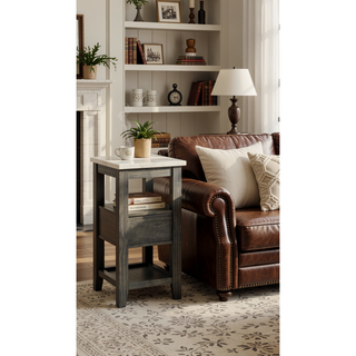 Sunvega Merel White Marble Top and Gray Oak Finish Rectangular Server with 3 Drawers
