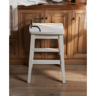 Sunvega Counter Stool with Shaped Seat and Oil-Rubbed Brass Galley Rail in Ivory