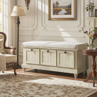 Sunvega Antique White Solid Wood Bench with Lift Top Storage and Cushioned Seat