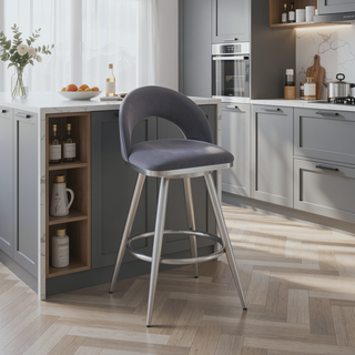 Sunvega 30 Inch Swivel Bar Stool with Gray Faux Leather and Brushed Stainless Steel