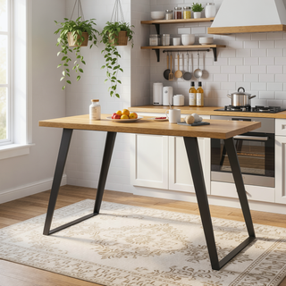 Sunvega Handcrafted Modern Industrial Square Dining Table for 8 with Solid Wood Oak Veneer