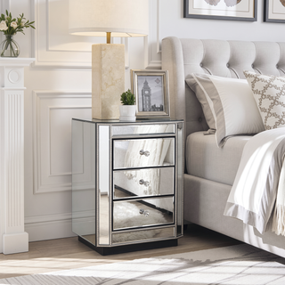 Sunvega Mirrored Nightstand with 3 Drawers Silver Beaded Trim and Glass Knobs