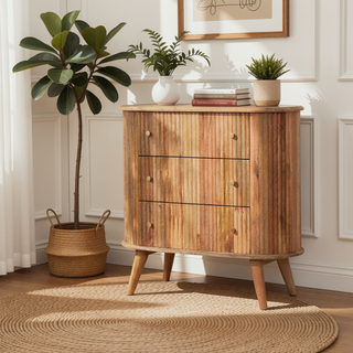 Sunvega Solid Mango Wood Nordic Chest with 3 Drawers and Brass Knobs