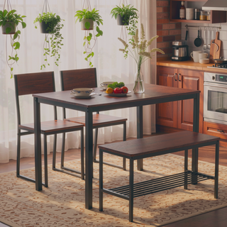 Sunvega Industrial Dining Table Set with Bench and Storage Rack for Kitchen Dinette