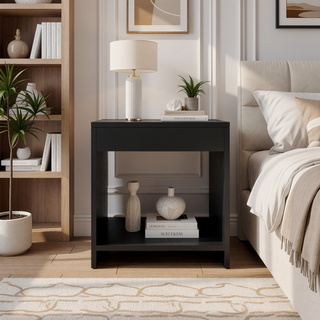 Sunvega Black Nightstand with Open Shelf Storage for Bedroom Room Layouts