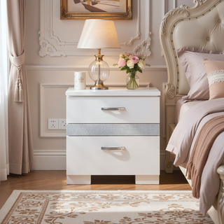 Sunvega White High Gloss Nightstand with 3 Drawers and Felt Lining