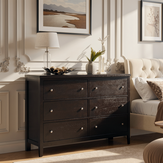 Sunvega Elegant Wood Dresser with Six Wide Drawers and Warm Cappuccino Finish