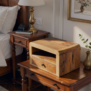 Sunvega Chunky Oak-ish Floating Bedside Table with Drawer and Open Shelf