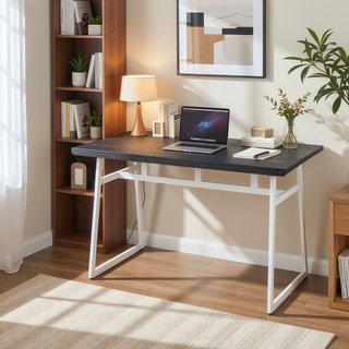 Sunvega Industrial Dining Table with Vintage White Metal Frame and Espresso Wood Top