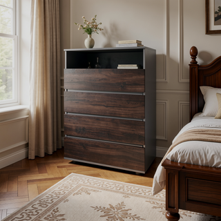 Sunvega Stained Walnut Dresser with Four Spacious Drawers and Open Shelf