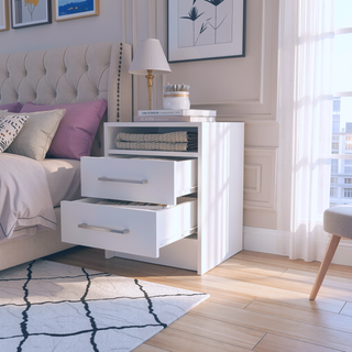 Sunvega White Rectangle Nightstand with Two Drawers and Shelf for Bedroom