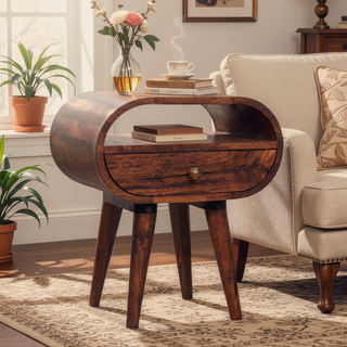 Sunvega Honey Caramel Solid Mango Wood Round Bedside Table with One Drawer