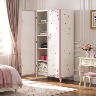 Sunvega White and Purple Butterfly Design Metal Wardrobe with Hanging Rod