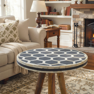 Sunvega Solid Mango Wood Tripod Stool with Black and White Bone Inlay Top