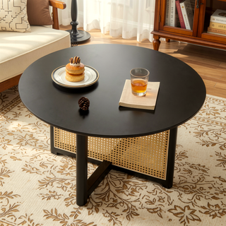 Sunvega 31.5 Inch Round Bohemian Style Solid Wood Coffee Table with PE Cane Stand