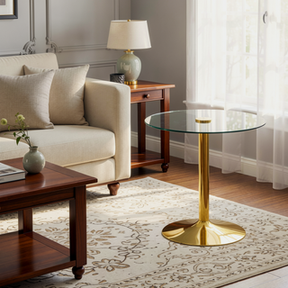 Sunvega Modern Round Tempered Glass Dining Table with Gold Metal Legs for 4-6