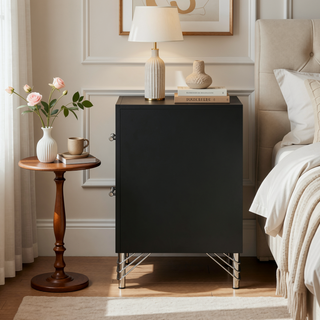 Sunvega Malcolm Black Modern Two-Drawer Nightstand with Gleaming Chrome Trim