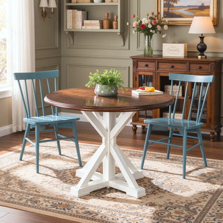 Sunvega Farmhouse Trestle Inspired Pedestal Dining Table with Two Tone Color