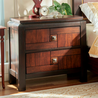 Sunvega Transitional Solid Wood Nightstand with Square Chrome Knobs in Acacia Walnut