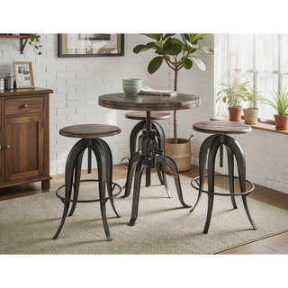 Sunvega Solid Wood Seat Top Metal Frame Round Stool with Smooth Crank Mechanism