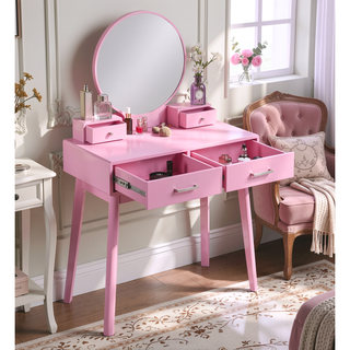 Sunvega Contemporary White Wood Vanity and Stool Set with Round Mirror