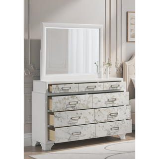 Sunvega Modern White Dresser with Marble Accents and Nine Drawers for Bedroom