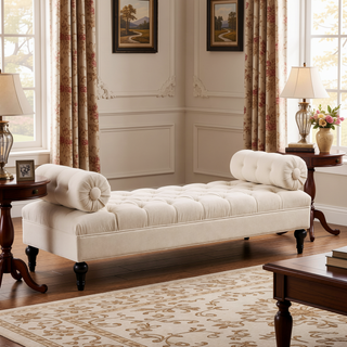 Sunvega Lewis Bolster Arm Entryway Bench Upholstered in Sky Neutral Beige Polyester