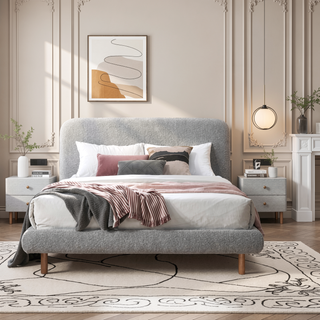 Sunvega Grey Boucle Upholstered Nightstand with Two Drawers and Wooden Legs