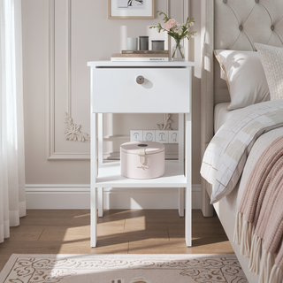 Sunvega Modern White Nightstand with Dual Drawers and Open Shelf for Bedroom