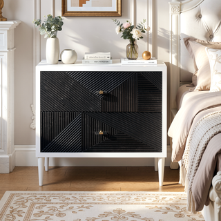 Sunvega White and Black Accent Nightstand with Two Patterned Drawers and Wooden Legs